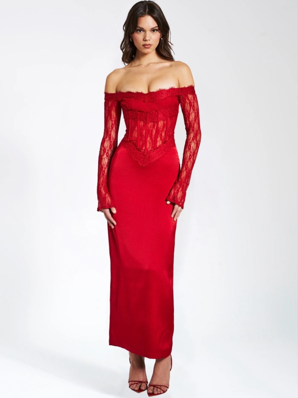 Miss Circle Off-Shoulder Red Lace Bodice Evening Dress